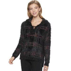 Rock & Republic Womens Black Plaid Hooded Lace Up V Neck Soft Sweater Sz M New